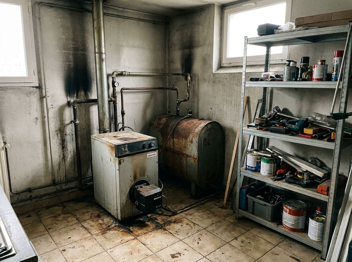 Ancienne chaudière fioul dans un sous-sol à Bondoufle