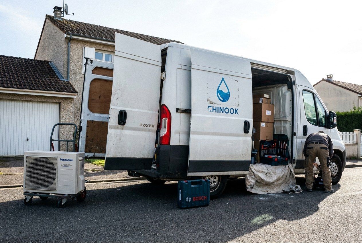 Camion Chinook portes ouvertes devant un pavillon, unité Panasonic sur diable