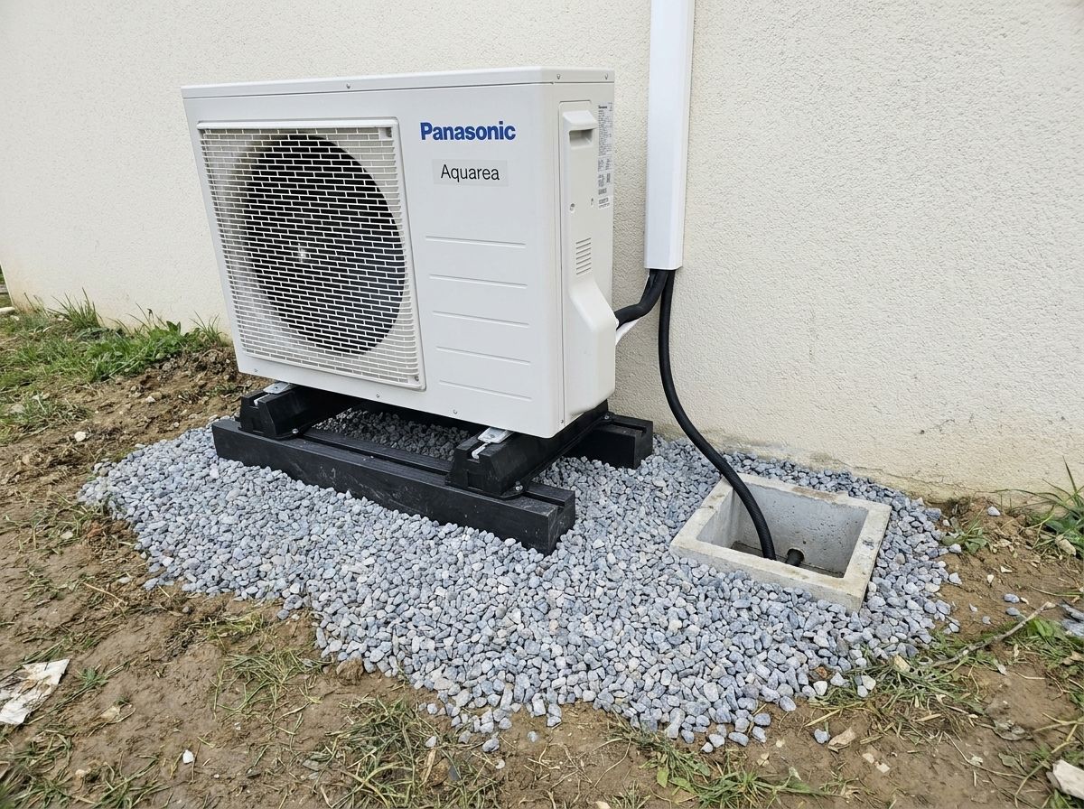 La même PAC Panasonic surélevée sur support antivibratile