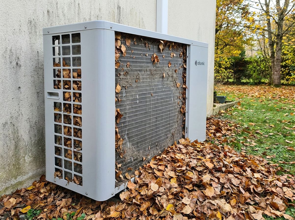 Batterie d'une PAC Atlantic Alfea colmatée par les feuilles à Lisses