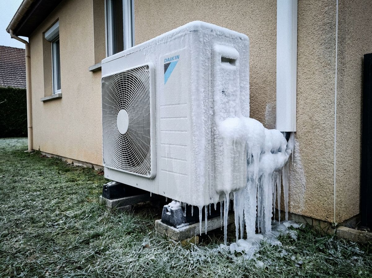 Unité extérieure Daikin Altherma 3 prise dans la glace à Ris-Orangis